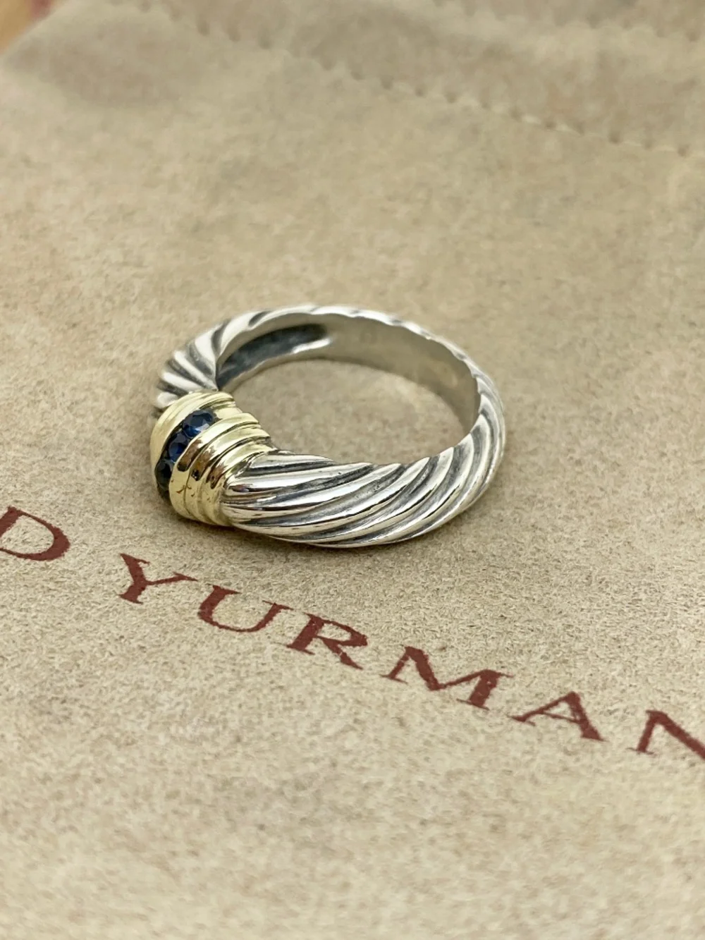 David Yurman Sterling Silver 14K Gold Sapphire Ring size 5.34 w/pouch